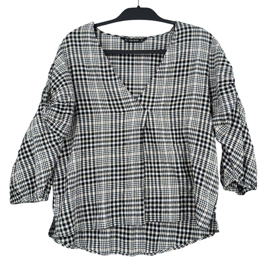 Zara Basic Plaid V-Neck Blouse Women‎ M Cotton Black White Tan Ruched Sleeve